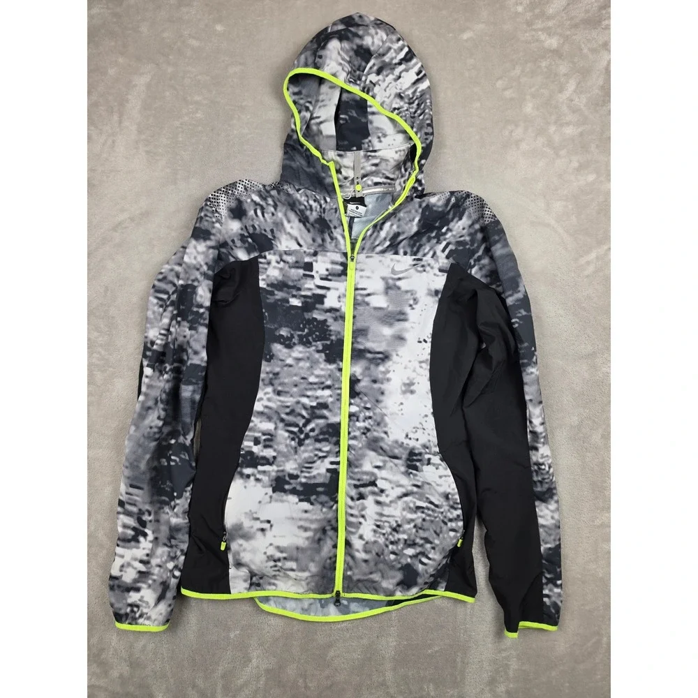 Nike Trail Kiger Run Hooded Windbreaker Jacket Womens S Black Gray Camo *Stained